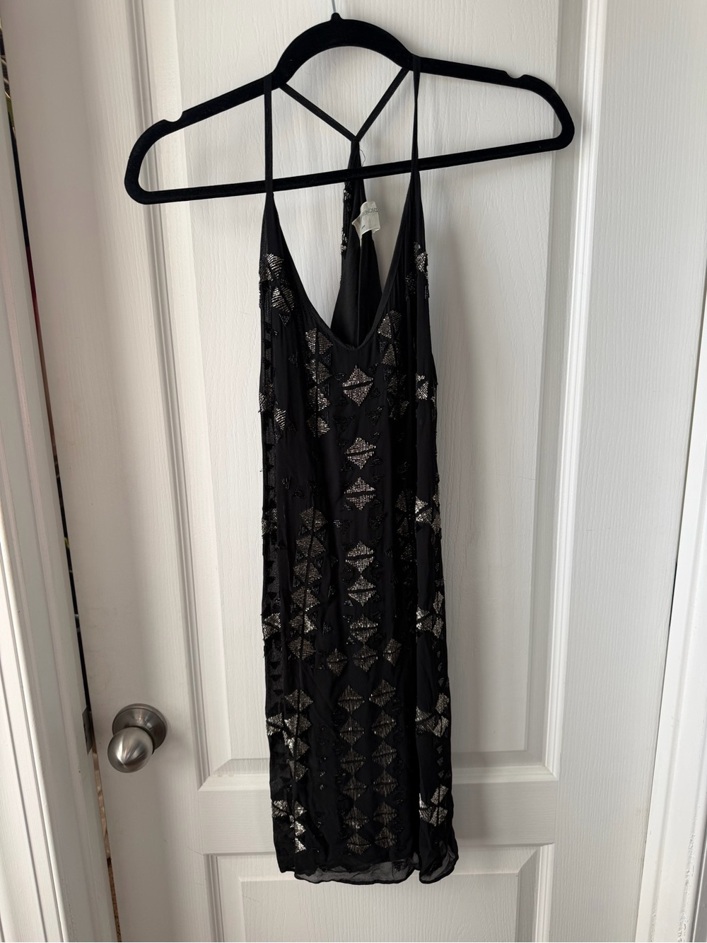 Black Beaded Mini Slip Dress with Geometric Sequin Detail